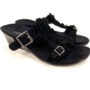 Vionic Clay Black Floral Suede Slip On Ortho Wedge T-Strap Sandals Women’s SZ 6